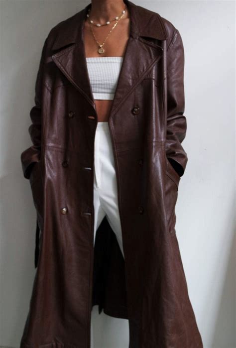Women Long Coat Trench Coat Brown Vintage 90s Boho Coat Double Breast ...