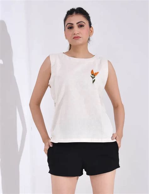SIDDHO HUM Ivory Sleeveless Top Side Button with Hand Embroidered motif ...