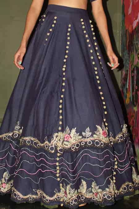 Buy Blue Chanderi Embroidery, Pom-poms Round Neck Imperial Lehenga And ...