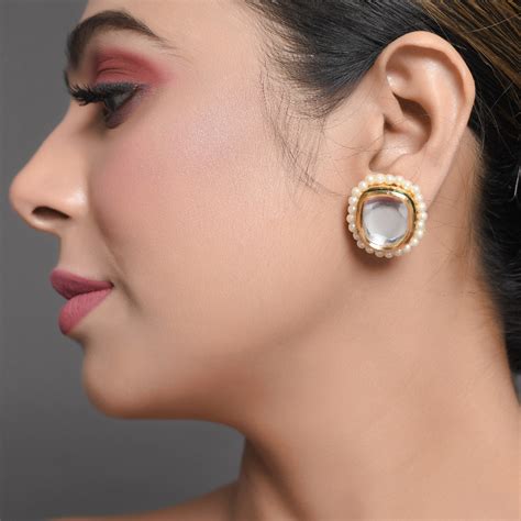 Indianshelf Mirror Stone Pearl Border Finish Stud Earrings