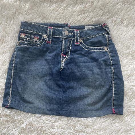blue denim true religion skirt reworked by me out a... - Depop