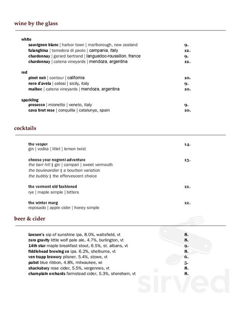 Tucker Hill Inn & Restaurant menu in Waitsfield, Vermont, USA