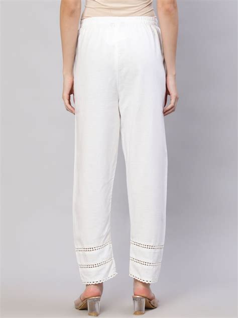 Women's White Solid Pant With Lace Details - Nayo Clothing