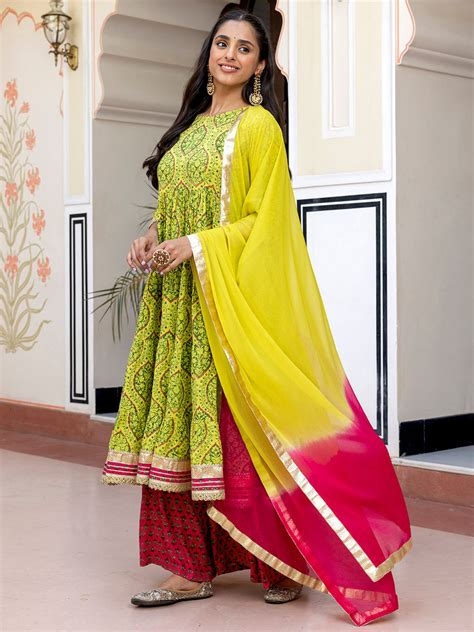 Lime Green Cotton Embellished Floral Printed Kurta with Flared Palazzo ...