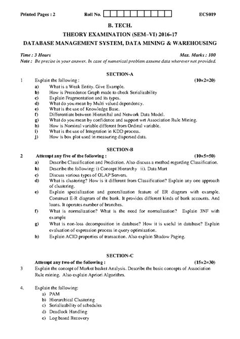 (2016-17) DWDM (ECS-019) - Printed Pages : 2 Roll No. ECS B. TECH ...