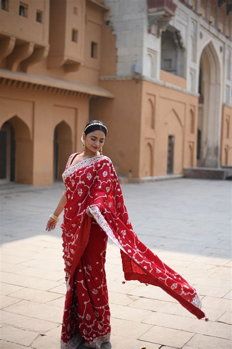 Rose Red Crape Silk Embellished Royal Saree – Aari Tari