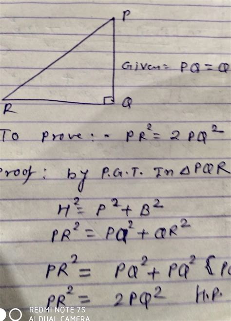PQR is a isosceles right triangle right Angled at Q prove the PR 2 =2 ...