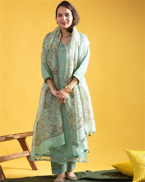 Buy Light Green Embellished Straight Kurta With Gota Patti Detail ...