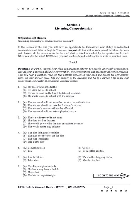 TOEFL Listening Comprehension Practice Questions - 2020 Edition - Studocu