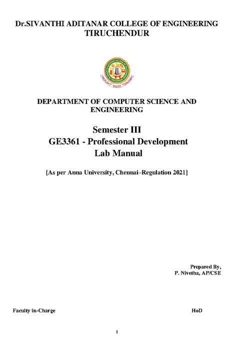 GE3361 Professional Development Lab Manual: MS Word & Excel Exercises ...