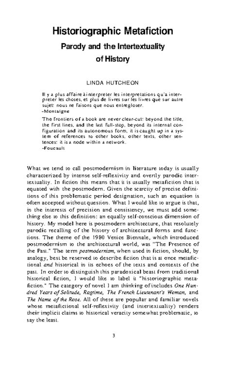 Linda Hutcheon Histiographic Metafiction - Historiographic Metafiction ...