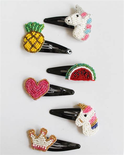 Woonie Embellished Handmade Set of 6 Unicorn & Watermelon Hair Clips ...