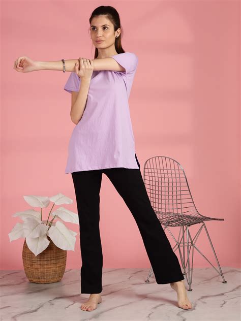 Buy Lilac Cotton Longline T-Shirt for Women with Pockets – 9shines label