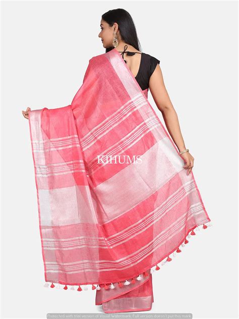 Salmon shade Handmade Pure Linen Saree | Blue Border | KIHUMS Saree ...