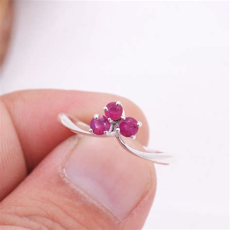 Ruby Sterling Silver Ring Natural Pink Gemstone Three Stone Cluster De ...