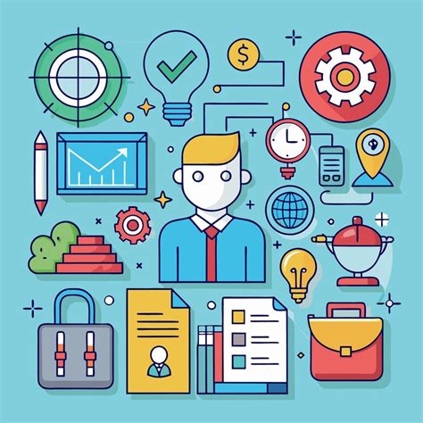 Businessman surrounded by icons related to success planning and growth ...