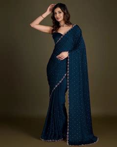 Buy Bhojal Creation Embellished Bollywood Tussar Silk Dark Blue Sarees ...
