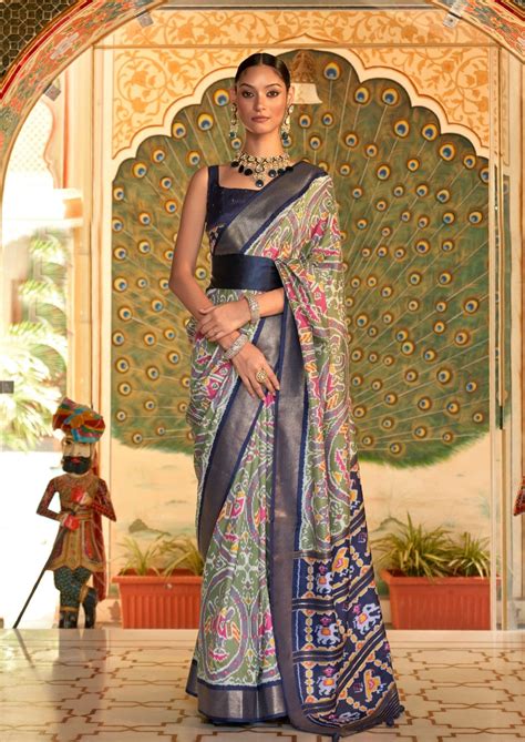 Mor Baag: Patola Ikat Olive Green Saree – Sunasa