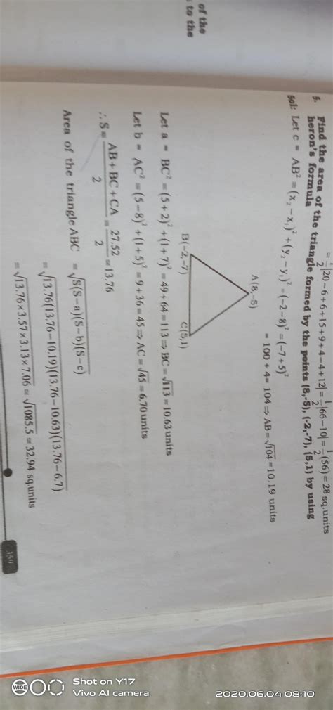 find the area of triangle formed by the points (8,-5),(-2,-7)and (5,1 ...
