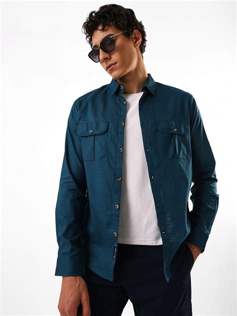 Men's Navy Solid Textured Spread Collar Regular Fit Casual Shirt ...