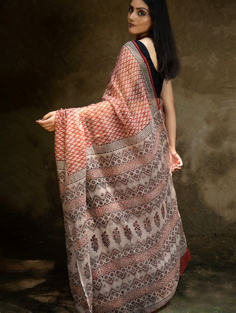 Buy Classic Appeal. Bagru Hand Block Printed Kota Doria Saree - Red ...