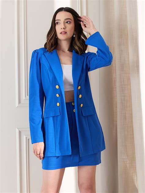Women Solid Blue Collared Neck Puff Sleeves Two-Pockets Regular Blazer ...