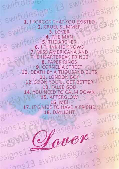 Taylor Swift Lover Tracklist Digital Download Poster | Etsy
