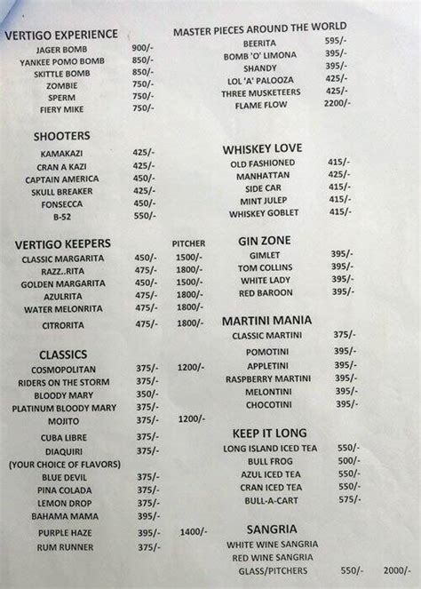 Menu at Vertigo-The High Life, Hyderabad