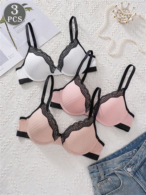 3pcs Women's Lace Splice Push-Up Bra With Underwire, Elegant Design ...