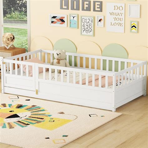 Amazon.com: Twin Size Floor Bed with High Fence, Door and Slats, Kids ...