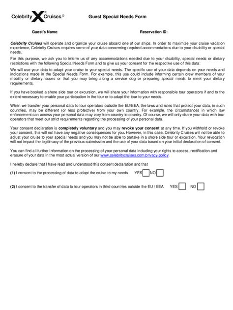 2019 FL Celebrity Cruises Guest Special Needs Form - Blank Fillable ...