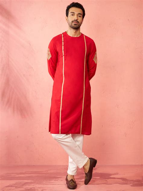 Men Red Zardozi Kurta Cream Pant Set | VASTRAMAY – vastramay