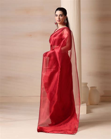 Elegant Red Glow Premium Tissue Saree with Blouse Fabric – HANDME