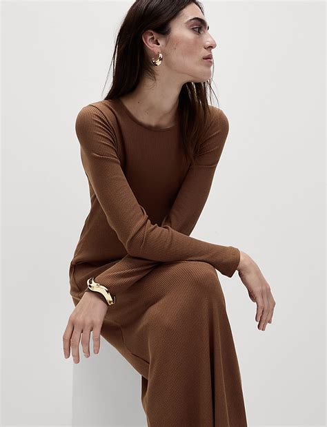 Buy Cotton Blend Round Neck Midi Column Dress at Marks & Spencer