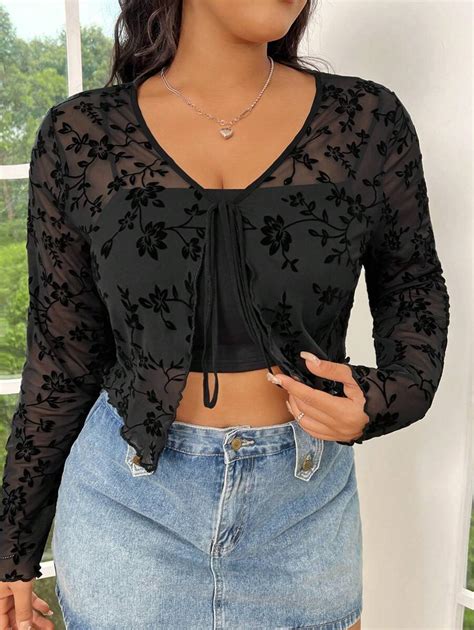 SHEIN EZwear Women's Plus Size Casual Plush Mesh Floral Tie-Front ...