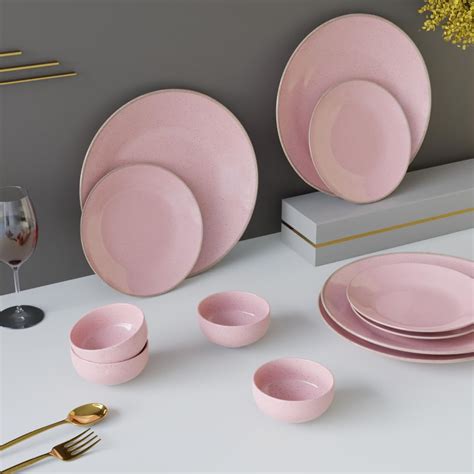 The Earth Store Handcrafted Pink Marble 12 Piece Ceramic Dinner Set, 4 ...