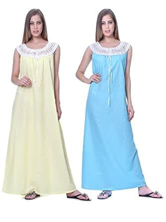 Buy Sleepins Blue And Yellow Color Nightie Sleeveless Cotton Nightwear ...