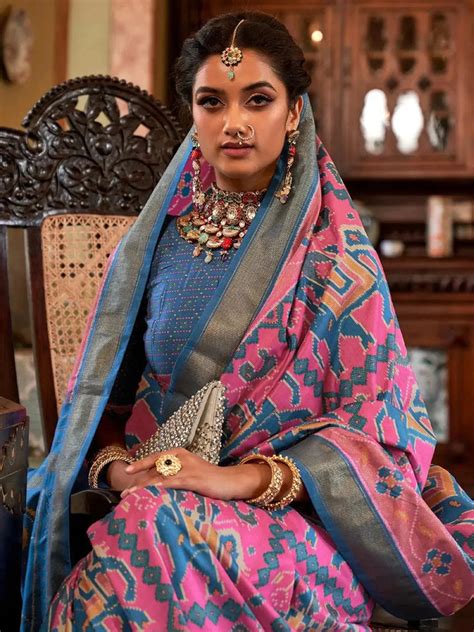 Party Wear Blush Pink And Blue Woven Patola Silk Saree - VJV Now - India