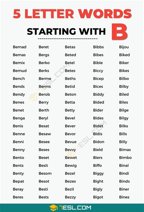 5 Letter Words Starting with B (949 English Words) • 7ESL