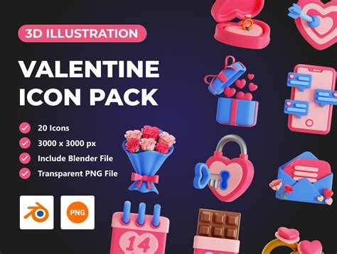 Valentine 3D Icon Pack - 20 Unique Icons | Valentine day icon pack ...