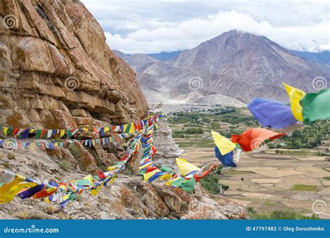 Plenty of Colorful Buddhist Prayer Flags on the Stupa in Ladakh, Jammu ...