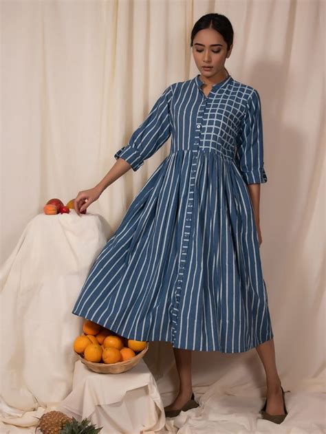 Buy Blue Hand Block Printed Checkered Cotton Kurta with Pants- Set of 2 ...