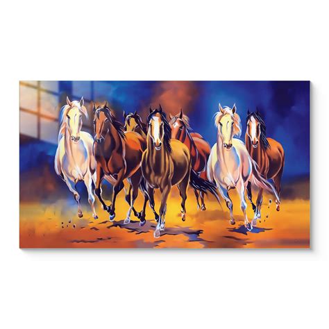 Glass Wall Painting of Seven Running Horses for Living Room & Home ...