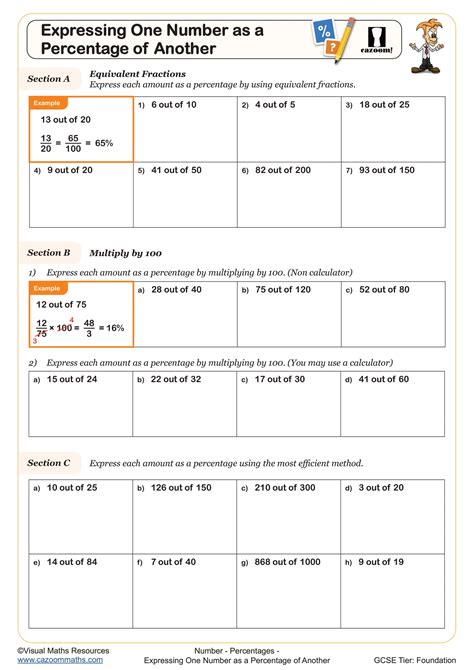 Express One Number as a Percentage of Another Worksheet | Fun and Engaging Year 8 and Year 9 ...
