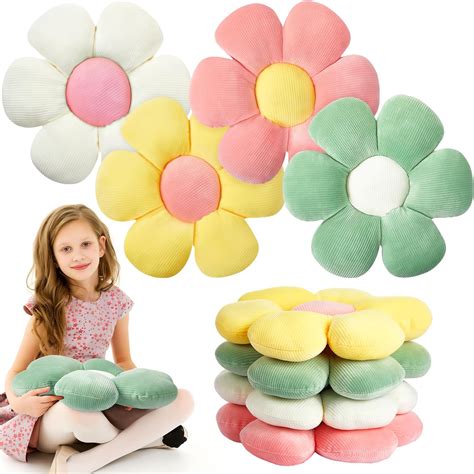 4 Pcs Flower Plush Throw Pillows - Daisy Shaped Floor Cushions ...