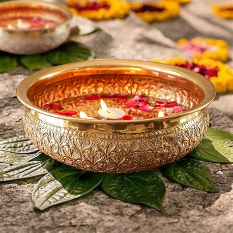 Buy BEHOMA Golden Aluminium Hammered Design Urli Indoor Outdoor Center ...