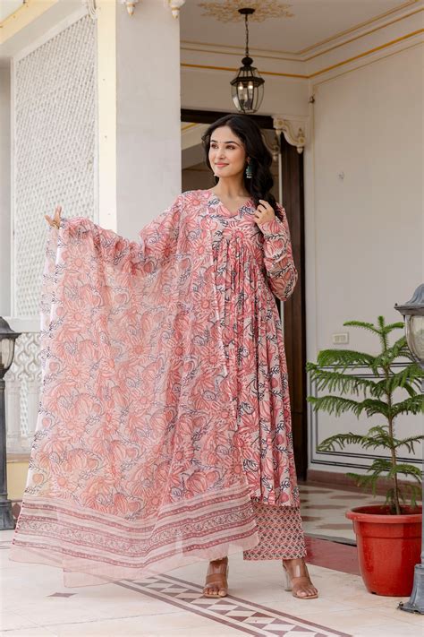 Jasmine peach handblock printed anarkali suit set with kota doria Dupa