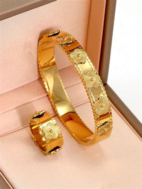 2pcs/Set 18K Gold Plated 316L Stainless Steel Floral Bracelet And Ring ...