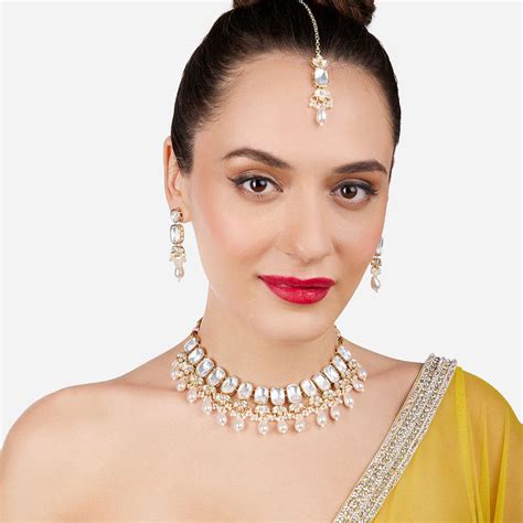 Buy Zaveri Pearls Gold Tone White Dazzling Stones Beads Choker Necklace ...