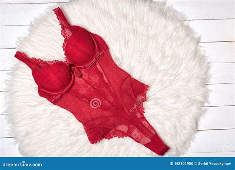Red Lace Body on White Fur. Fashion Lingerie Concept Stock Photo ...